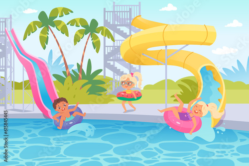 Children swim and play in water pool of aqua park vector illustration. Cartoon kids ride inflatable rings on waterslide of aquapark  happy boys and girls swimming  enjoying fun summer activity