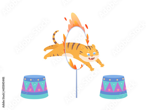 Circus performance of tiger jumping through ring with fire vector illustration. Cartoon isolated animal performing carnival show with burning hoop, happy brave performer character playing