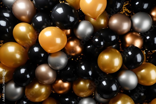 Bunch of golden and black balloons tied together for wedding anniversary celebration concept background, generative ai, shiny glossy 3d balloons background for celebration