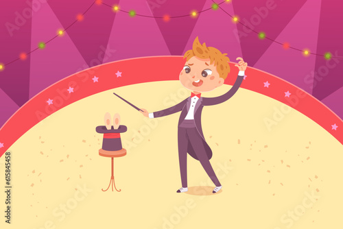 Boy magician and magic circus show vector illustration. Cartoon child wizard illusionist conjuring tricks with rabbit bunny in hat cylinder, holding wand in hand to conjure on circus stage