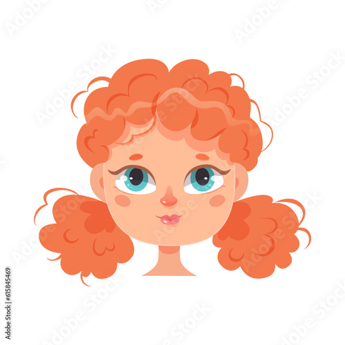 Avatar portrait of girl with curly red hair and cute face, redhead child with blue eyes