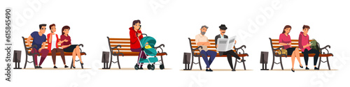 People sitting on city park or garden benches vector illustration. Cartoon male and female characters sitting together, girl talking on phone, man in hat reading newspaper, woman waiting somebody