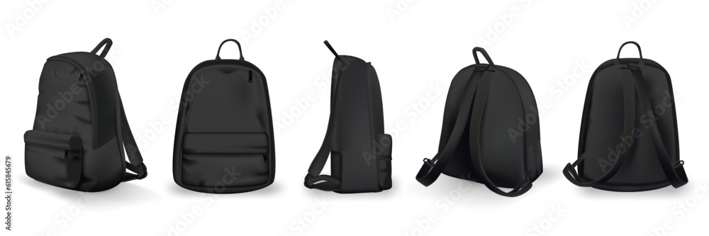 Black backpack design front, back, side and isometric view set. College or school rucksack mockup vector illustration. Realistic youth pack of fabric for study or sport isolated on white background - obrazy, fototapety, plakaty 