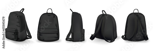 Black backpack design front, back, side and isometric view set. College or school rucksack mockup vector illustration. Realistic youth pack of fabric for study or sport isolated on white background