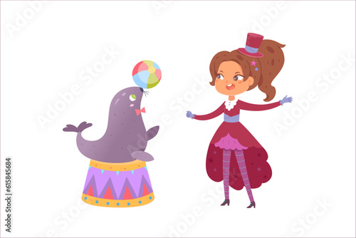 Circus characters perform juggling show vector illustration. Cartoon cute seal juggler playing ball on podium and trainer in vintage tuxedo, carnival performance of happy animal and funny girl