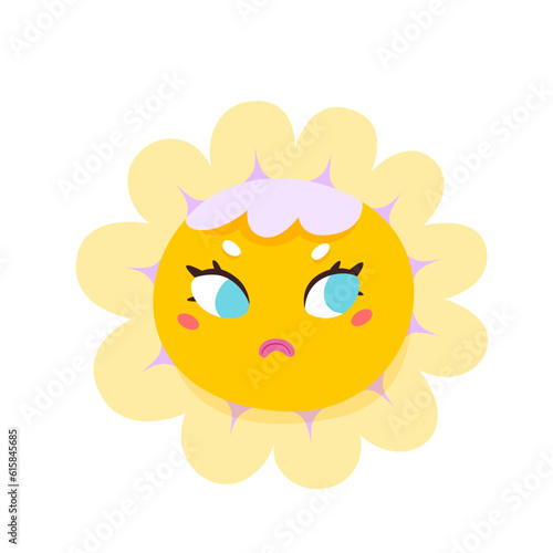 Cute sun character vector illustration. Cartoon isolated funny happy yellow face with smile and sunshine of heart, childish emoji with positive sunny emotion and summer joy