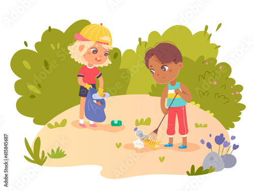 Kids clean up trash in park, city area scene with cleanup, volunteers collect garbage