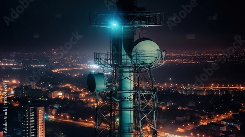 Communications tower, Antenna for the 5G cellular network atop a in a nighttime metropolis. Generative AI