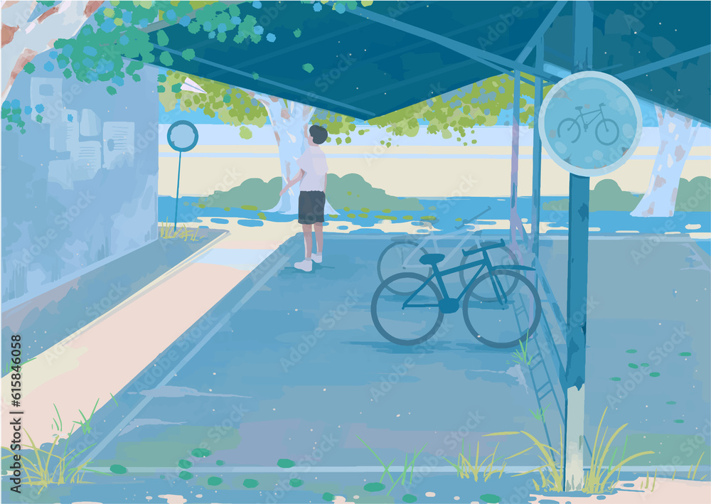 School boy flies a paper plane next to a bicycle parking digital art painting illustration, hd wallpaper 