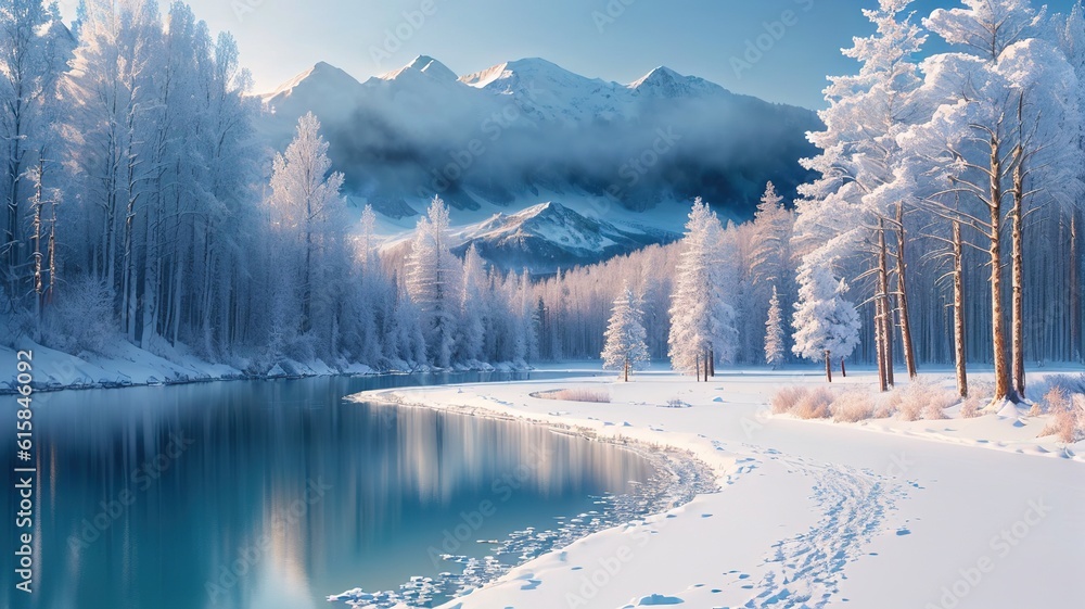 Winter landscape with frozen lake and snow covered trees in the mountains. Winter landscape with frozen lake and snow covered trees in the mountains.
