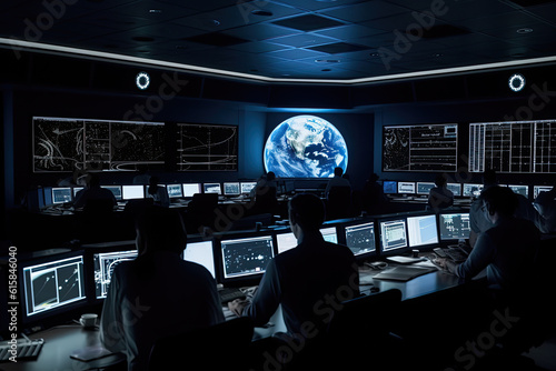people working at computers in a dark room with multiple screens on the wall behind them and an image of the earth