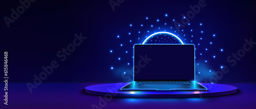 A laptop with a blank blue screen on a futuristic podium, highlighted on a black background with the effect of neon lighting from the podiums. A laptop with an empty touch screen. Vector illustration