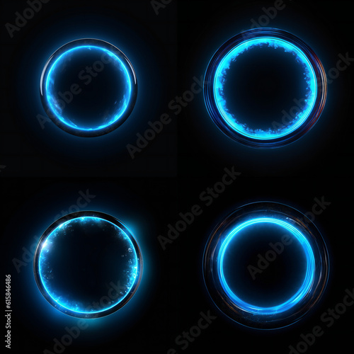 set of blue glowing circles on black background. Generative AI.