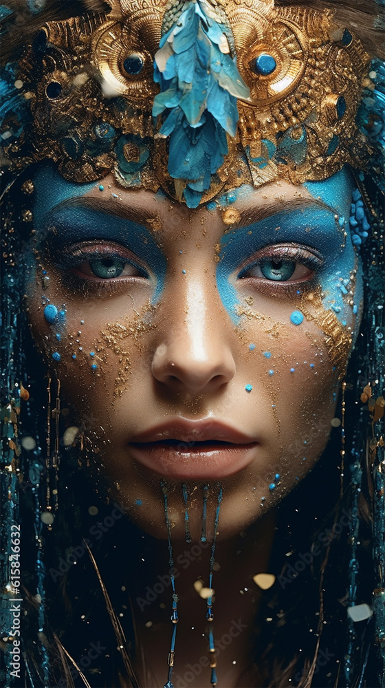  beauty portrait of a model in a headdress made of gold, blue stones and feathers. Generative AI
