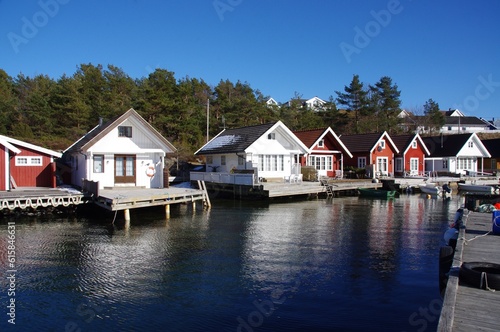 Traditional Norwegian Wooden Houses overlooking the water.  © Andy