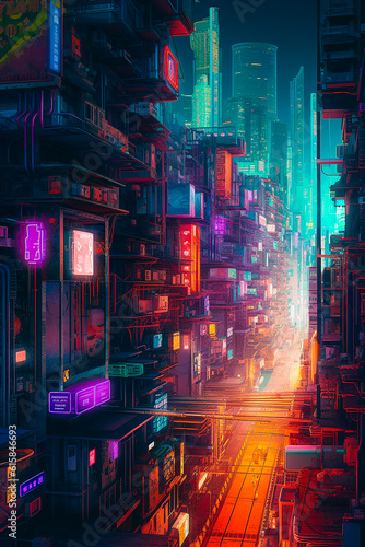 A neon-lit futuristic game style cityscape with towering urban skyscrapers. V2.