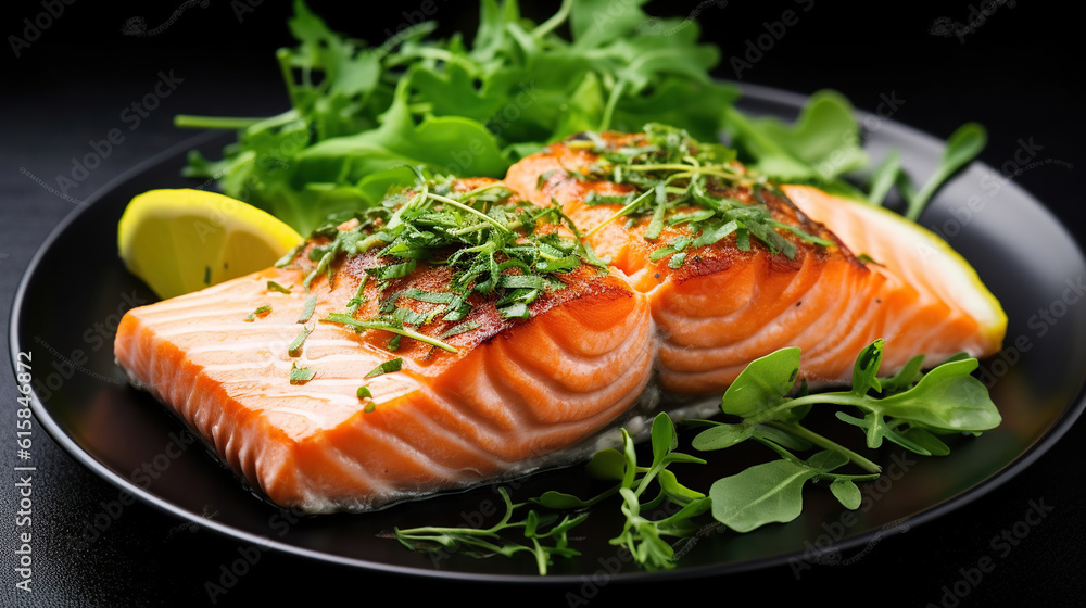 Appetizing baked salmon with green herbs served on dark plate. Generative AI Appetizing baked salmon with green herbs served on dark plate. Generative AI