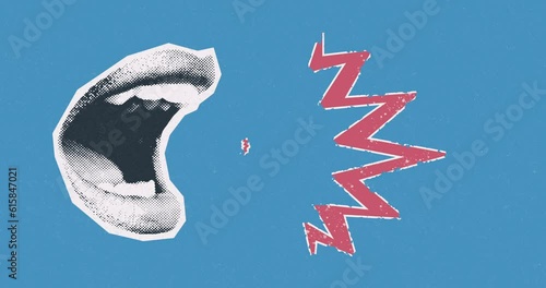 Mouth with a halfton patern effect screams loudly drawing attention against the background of an aggressive grunge effect. Motion design concept animation. Art collage, magazine style.
