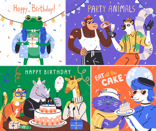 Happy birthday cards set with cute funny animals friends. Cool characters celebrating holiday party with cakes, gifts, champagne. Creative funky postcards designs. Colored flat vector illustrations