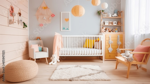 Interior of light modern children s room with crib. Generative AI