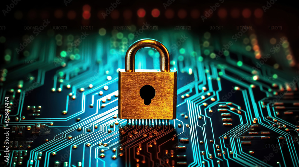 Secure digital system with a padlock on a glowing circuit board. Generative AI Secure digital system with a padlock on a glowing circuit board. Generative AI