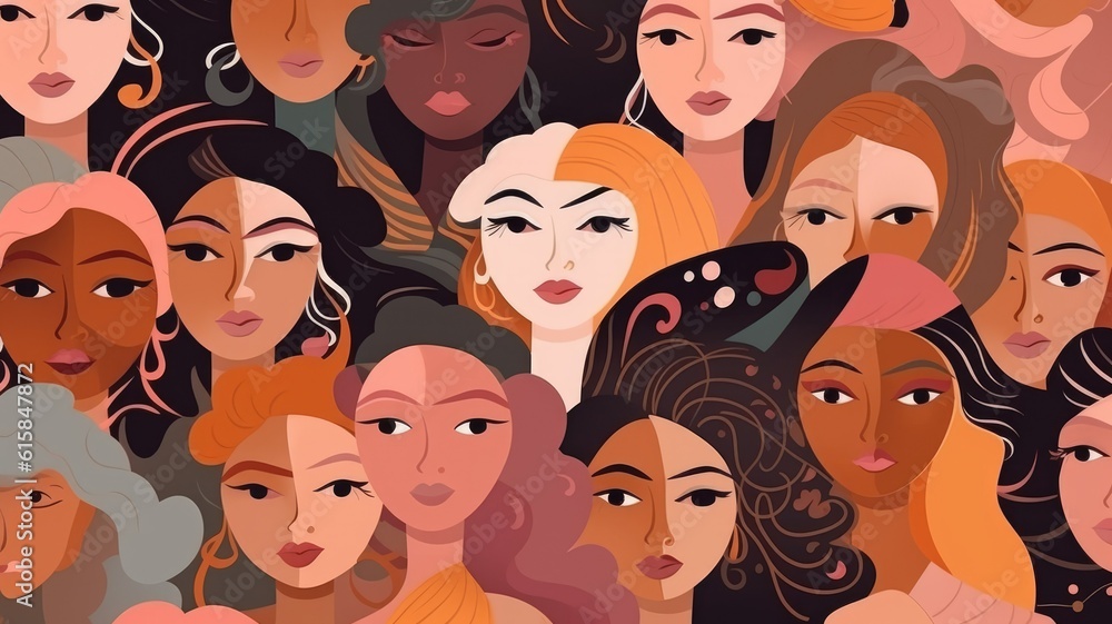 Women's Equality Day pattern with diverse women faces. Many diverse women of different ages, nationalities and religions come together.