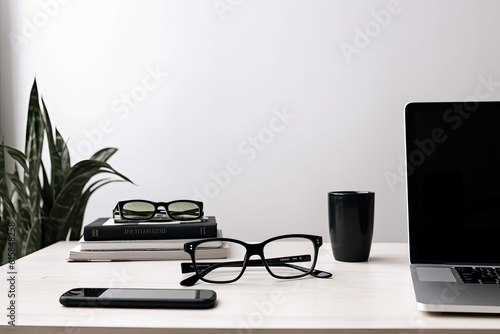 On a white table are a computer with an empty screen, a coffee cup, glasses, and a houseplant. Generative AI