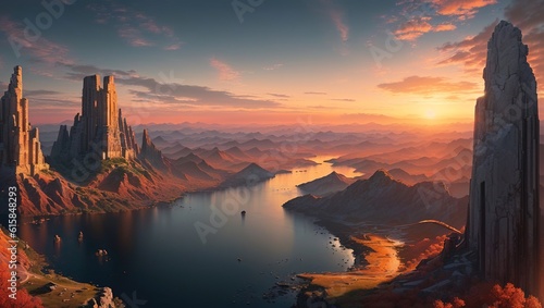 Fantasy planet. Mountain and lake. 3d render illustration