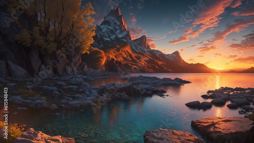 Fantasy landscape with mountains and lake. 3d render illustration.