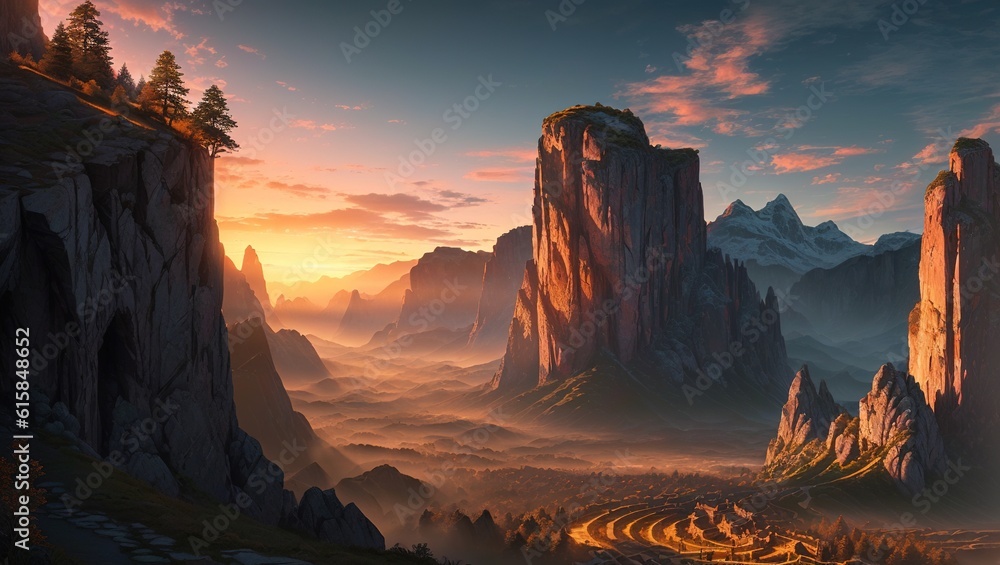 Fantasy landscape. Sunrise in the mountains. 3D illustration.
