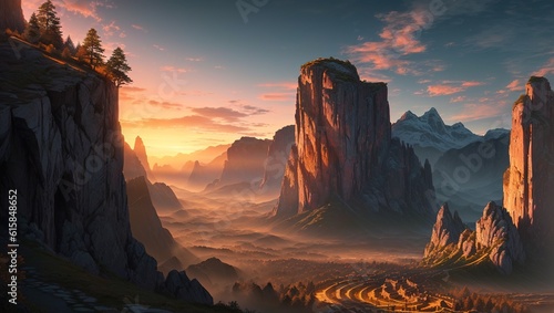 Fantasy landscape. Sunrise in the mountains. 3D illustration.