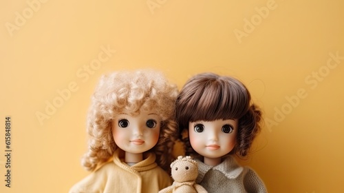 cute toy couple on orange background, teddy type dol with empty space for text