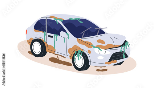 Damaged flooded wet car after accident and sinking in water. Dirty submerged sunken auto breakdown. Broken drowned injured vehicle in dirt, mud. Flat vector illustration isolated on white background