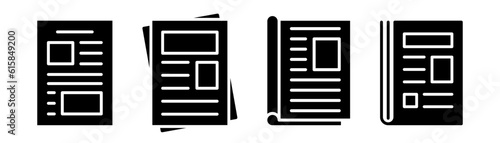 Newspaper icon set. Journal sign in glyph. Black newspaper icon. Magazine icon in glyph. Document symbol. Newspaper in black. Stock vector