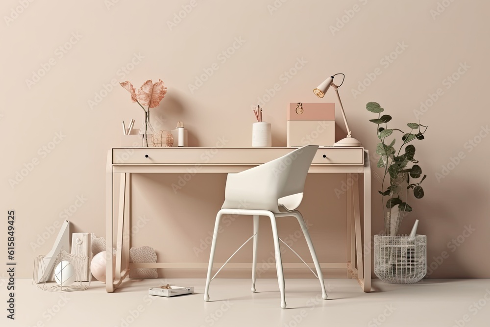 pastel beige minimalist office desk table. For a desk and workspace, keep it simple. mockup model,. Generative AI