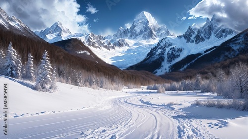 Beautiful winter landscape in the mountains. Snow-covered forest and mountains.