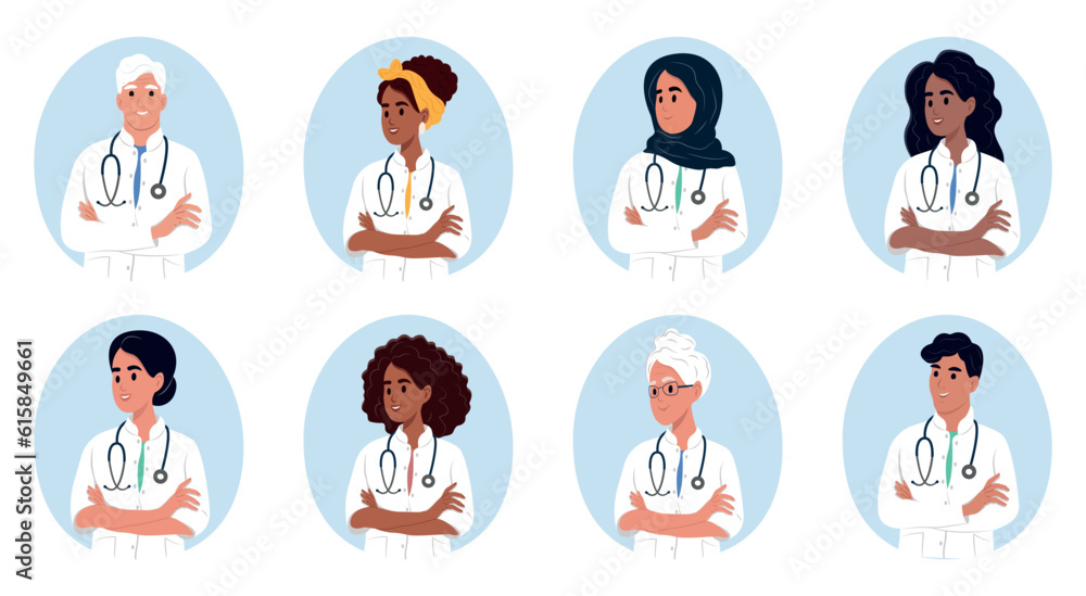Avatar of smiling medical staff. Set of different doctors. African American, Muslim, Native American, African, Chinese, Asian,Elderly . Multi-ethnic medical workers of different nationalities. Avatar of smiling medical staff. Set of different doctors. African American, Muslim, Native American, African, Chinese, Asian,Elderly . Multi-ethnic medical workers of different nationalities.