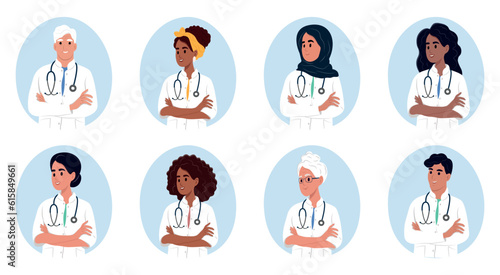 Avatar of smiling medical staff. Set of different doctors. African American, Muslim, Native American, African, Chinese, Asian,Elderly . Multi-ethnic medical workers of different nationalities.