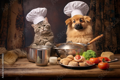 cat and dog cooking contest, fantasy illustration, generated with ai