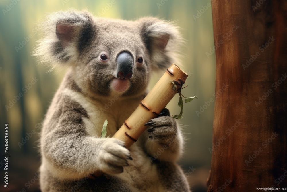 Obraz premium koala playing didgeridoo, fantasy illustration, generated with ai
