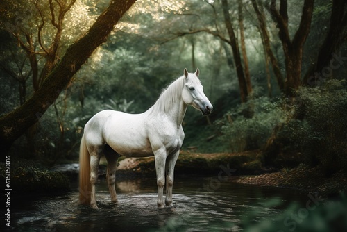 white horse stands in a pond in the forest. generated ai