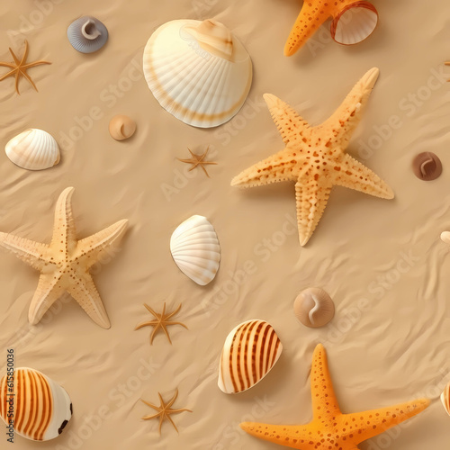 Sea Shells, Clams, and Starfish on Sand, Seamless Pattern, Generative AI