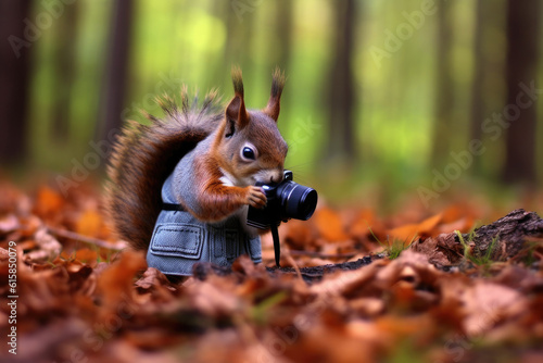 squirrel taking forest pictures, fantasy illustration, generated with ai