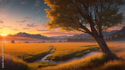 Sunrise over the meadow with trees and mountains in the background
