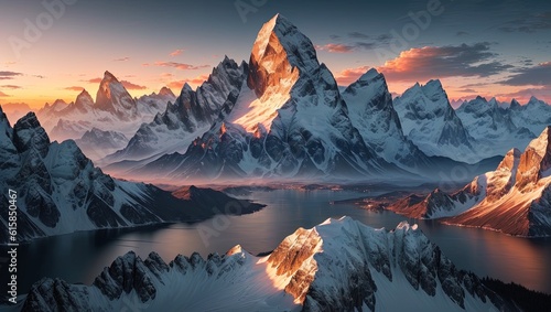 Mountain landscape with lake and snow-capped peaks at sunrise