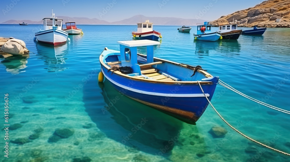 Fishing Boats Anchored along the Beautiful Coastline. Generative AI