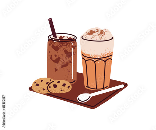 Cold iced coffee served with cookies. Refreshing summer beverages with caffeine and milk. Espresso tonic with straw, cool latte drink with foam. Flat vector illustration isolated on white background