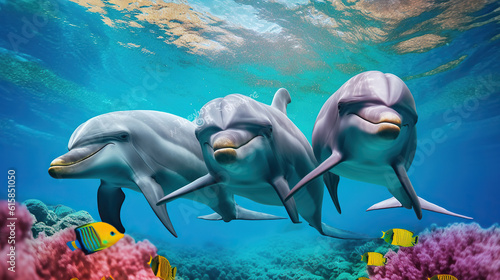 Group of dolphins in colorful underwater. Generative AI © Gasspoll