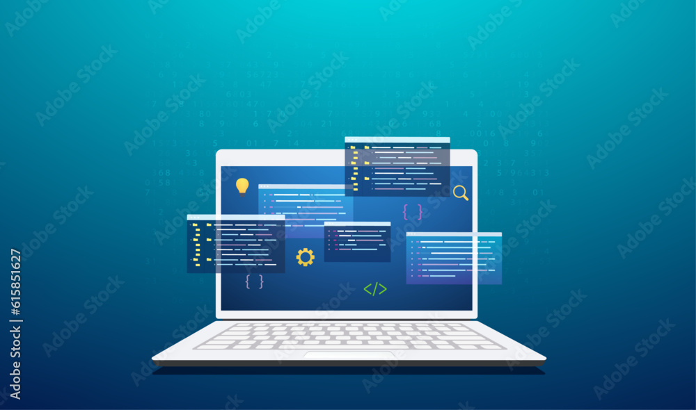 Concept of programming and coding with laptop, web site development, games. Programming and engineering development. Concept of programming and coding with laptop, web site development, games. Programming and engineering development.