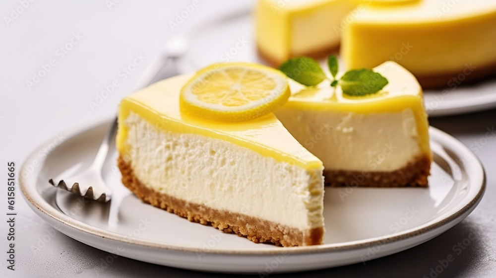 A slices of lemon cheesecake on a plate. Generative AI A slices of lemon cheesecake on a plate. Generative AI